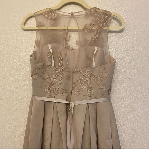 OLEG CASSINI beige biscotti illusion lace formal dress bridesmaid wedding gown 4 - Picture 6 of 16